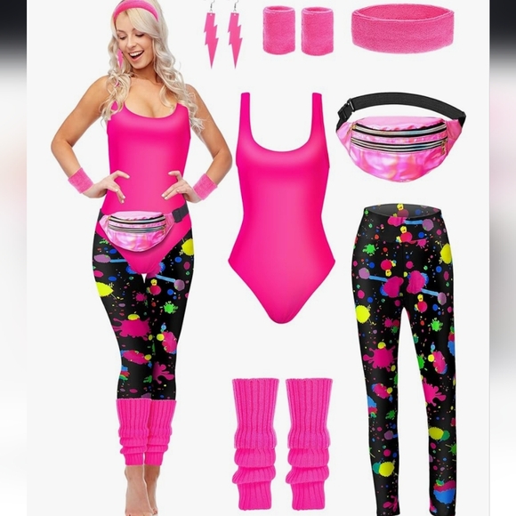 80s Vibrant Pink Bodysuit and Splatter Leggings Costume - Picture 1 of 16